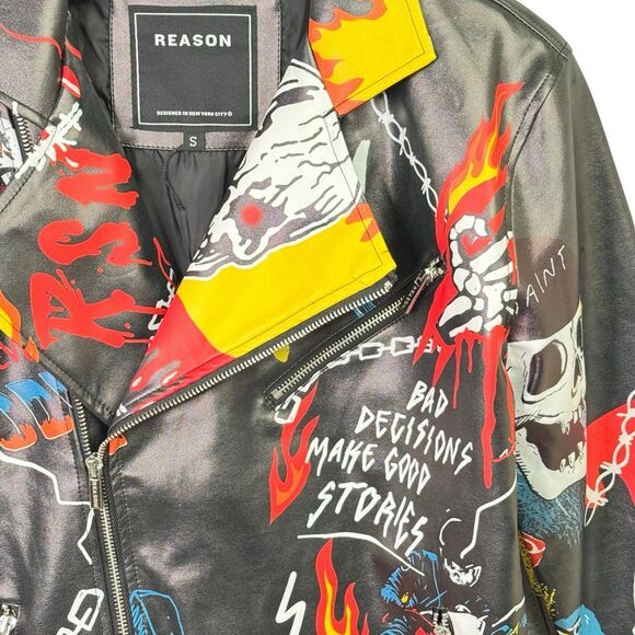 Reason Graffiti Print Moto Jacket Men’s Small Vegan Leather Streetwear Statement - Picture 6 of 14